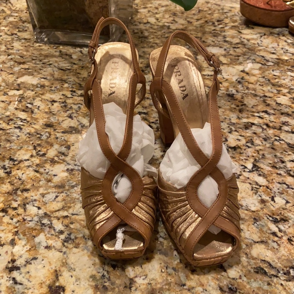 Women’s Prada Heels | Gold Cork Wedge